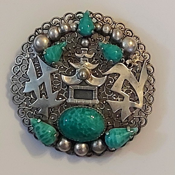 Filigree Peking Mottled Glass Stone Brooch, Max Neiger, Egyptian Revival - Picture 4 of 6